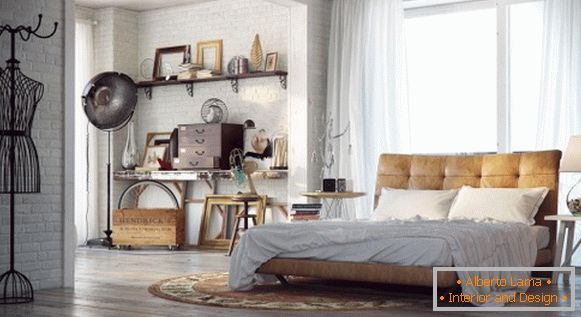 Dormitorio vintage con cama de cuero