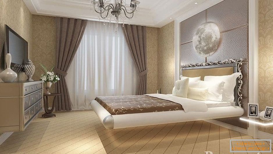 Una cama flotante encima del dormitorio en un dormitorio de estilo clásico