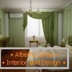 Dormitorio en tonos verdes, beige y burdeos