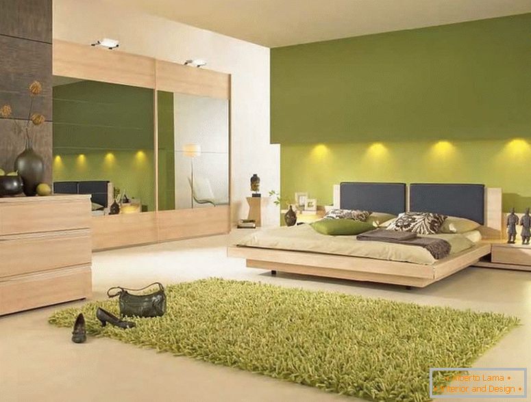 Interior del dormitorio en colores verdes с подсветкой 