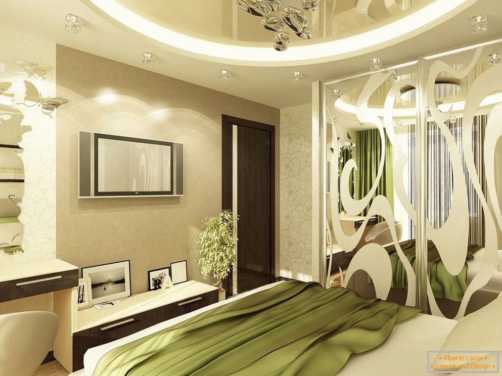 Interior del dormitorio en tonos beige verde y claro