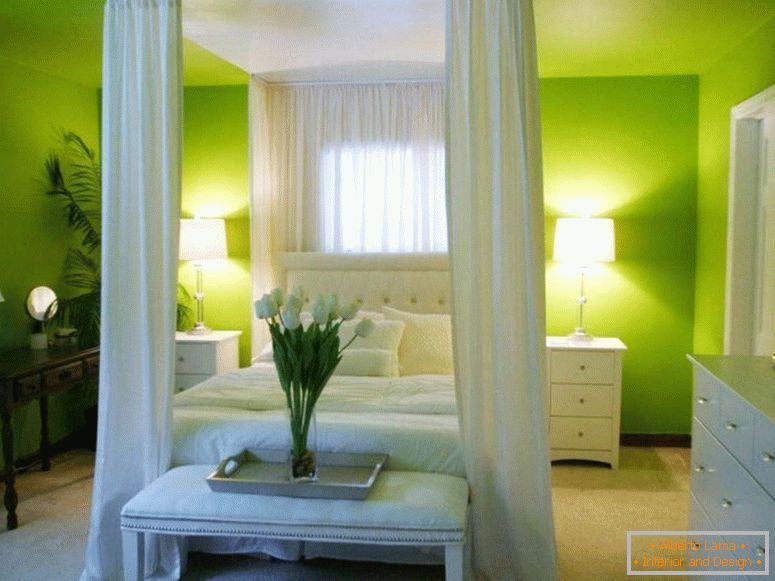 Iluminación в спальне зеленого цвета