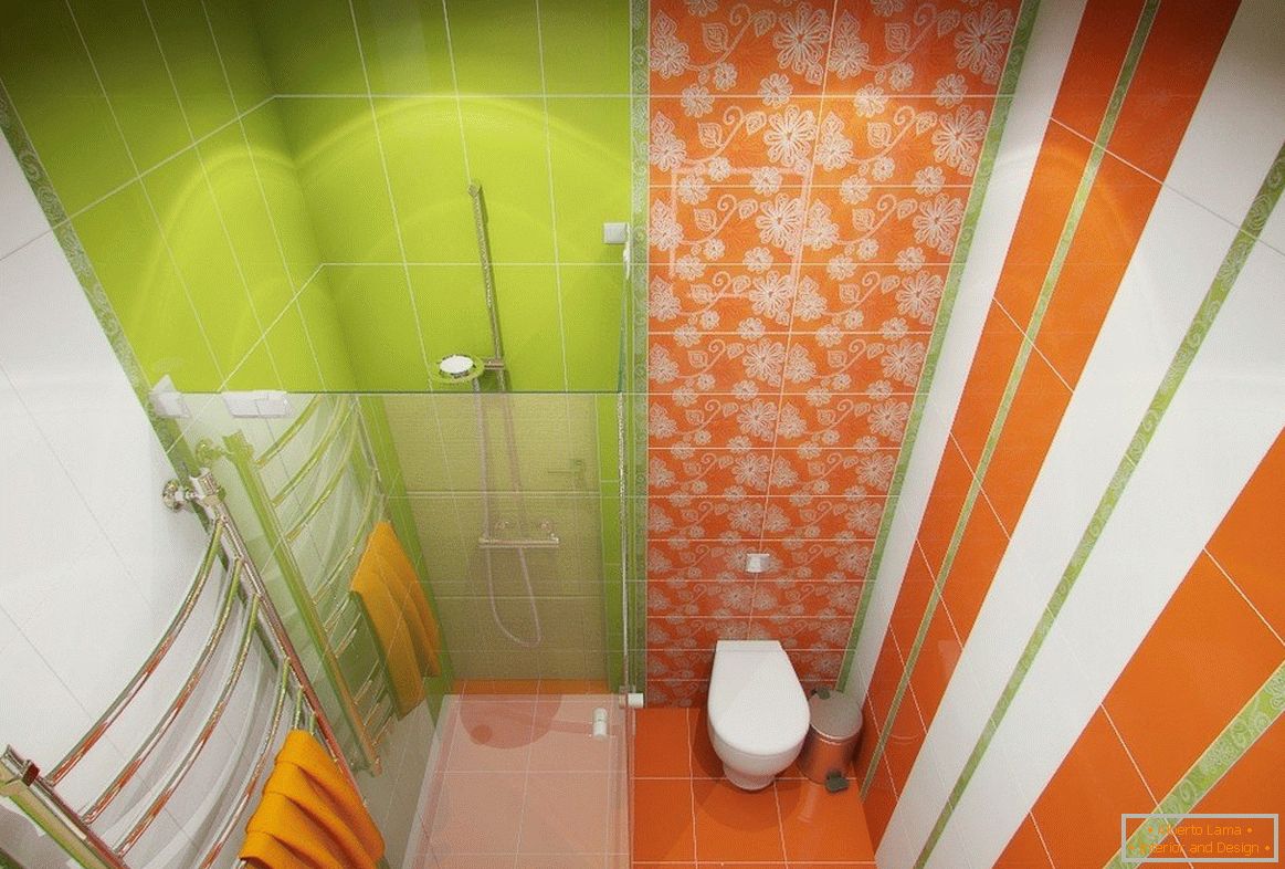 Azulejos naranja y verde en la ducha
