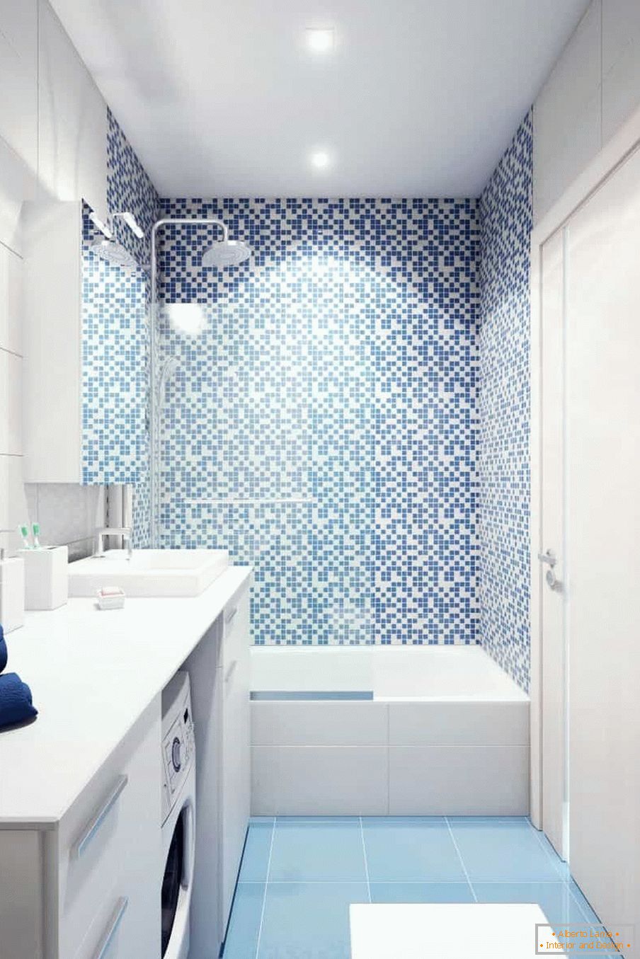 Baño blanco-azul en la casa del panel