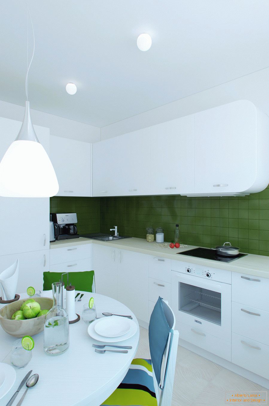Diseño de interiores de cocina en colores blanco y verde
