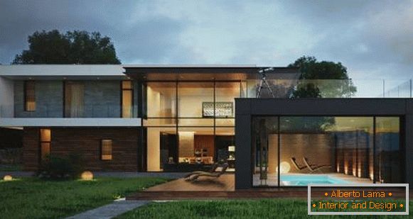 Casa privada en estilo de alta tecnología con paredes de vidrio