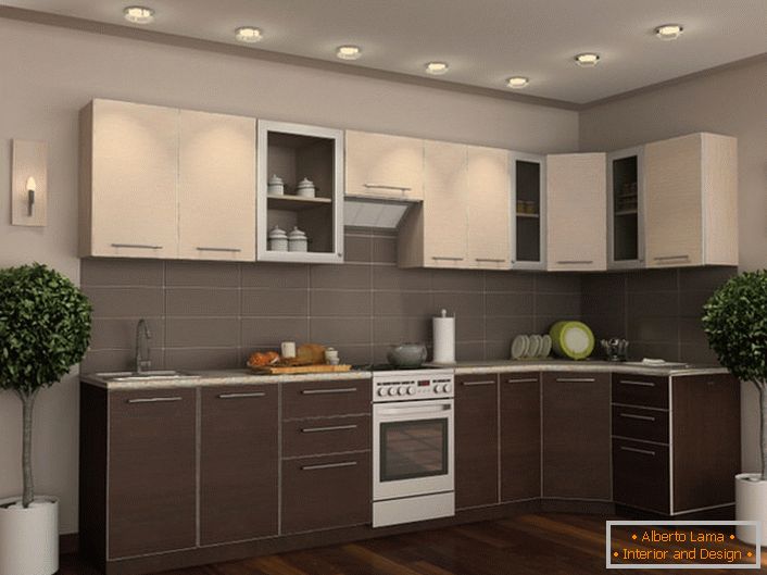 El juego de cocina de wengué en combinación con elementos decorativos debidamente seleccionados hace que la habitación sea elegante y elegante.