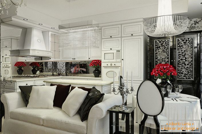Cocina-sala de estar en el estilo de art deco con suite blanca y electrodomésticos integrados.