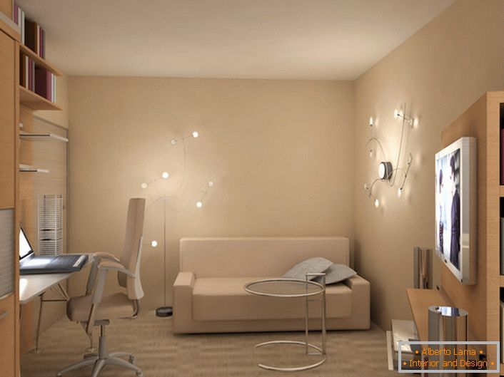 Un ejemplo de iluminación bien elegida para una habitación en el estilo del eclecticismo.