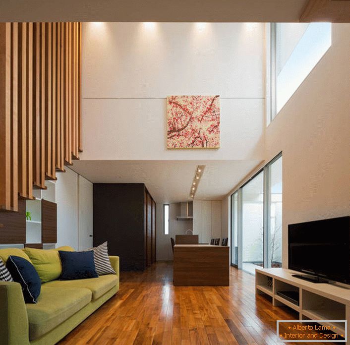Tablero de parquet lacado - exquisita decoración del interior de la sala de estar en un estilo moderno.