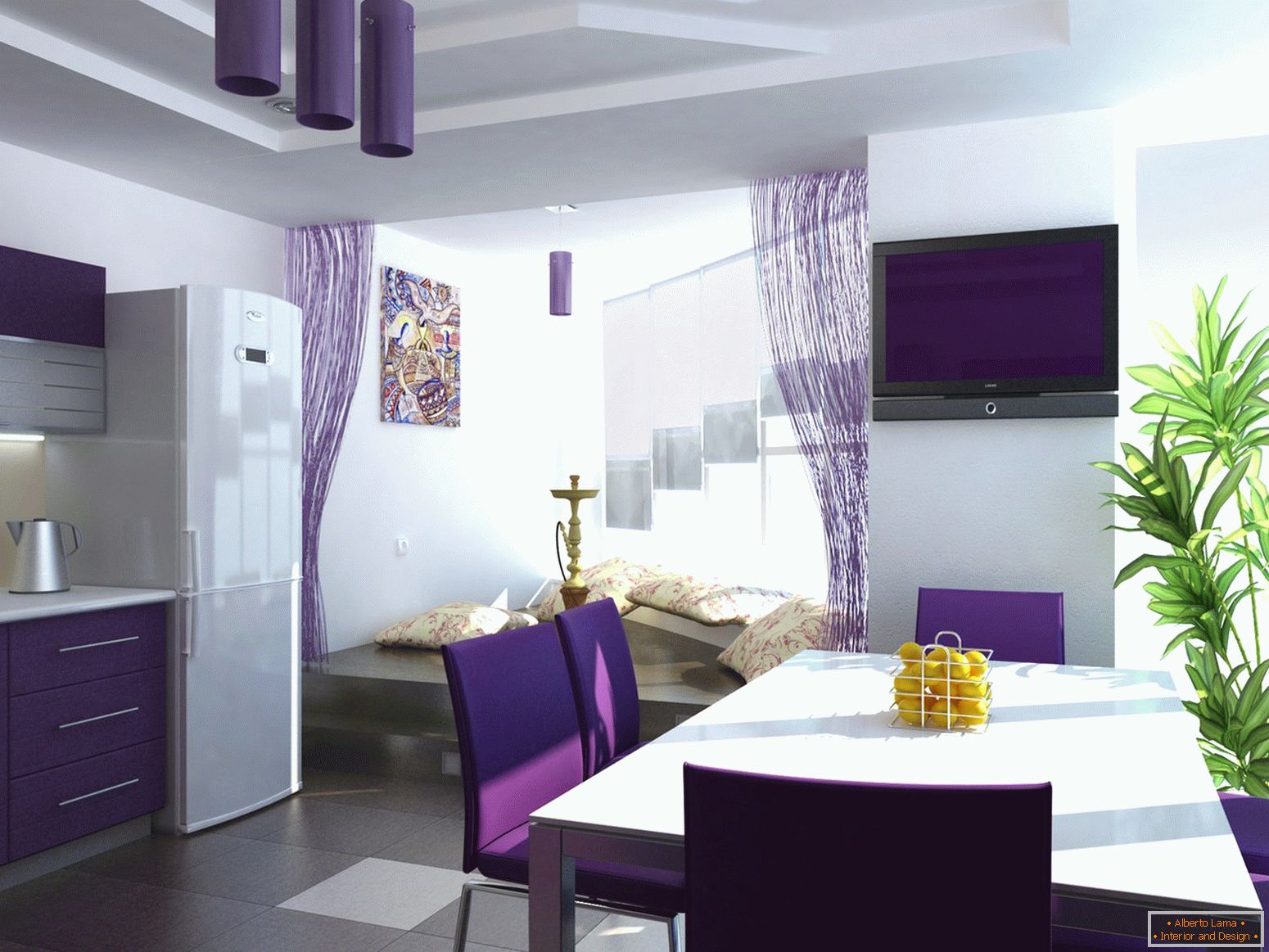 Cortinas violetas en la cocina