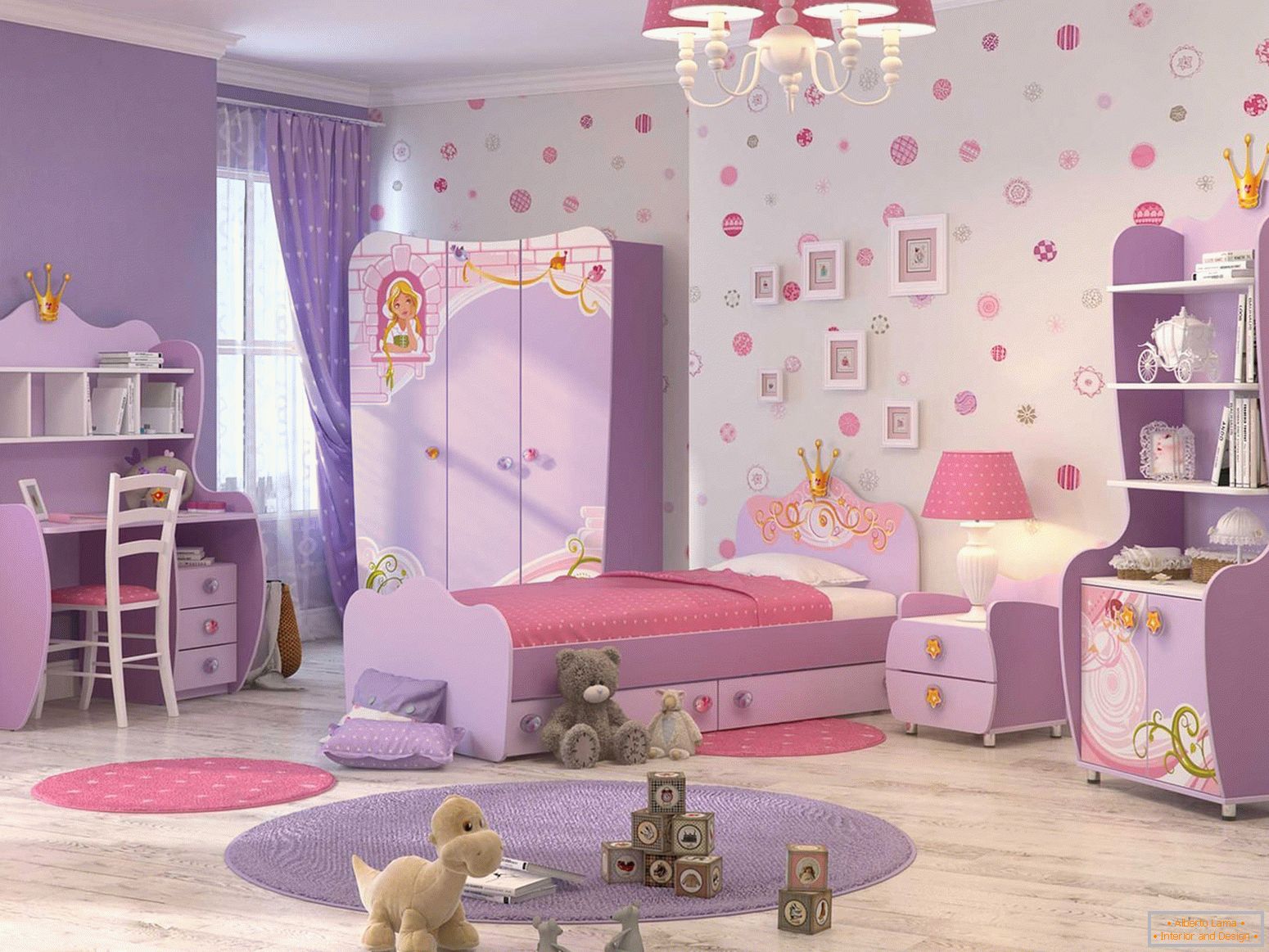 Púrpura y rosa en el diseño del cuarto de niños