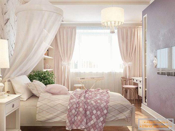 Habitación para una pequeña princesa. Baldahin hecho de luz blanca, tela translúcida hará que el sueño del niño sea aún más cómodo.
