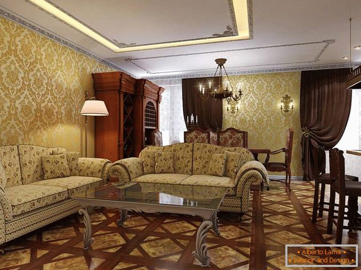 Una habitación luminosa con muebles de madera marrón oscuro contrastantes.
