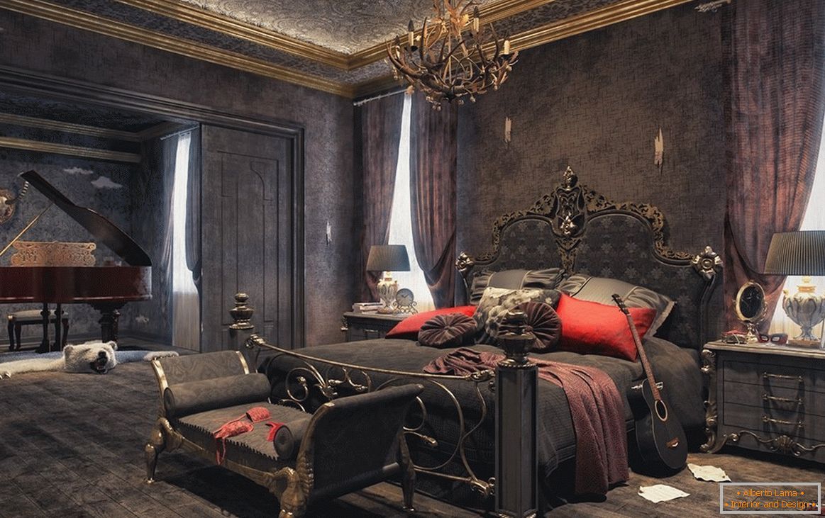 Dormitorio en el estilo gótico в темных тонах
