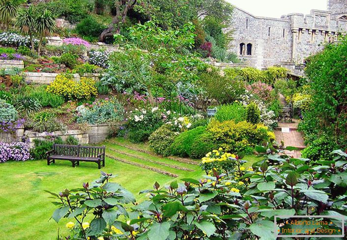 Para el diseño del paisaje en el estilo mediterráneo, se utilizó un césped inglés, que junto con una abundancia de flores hace que el jardín sea rico y colorido. 