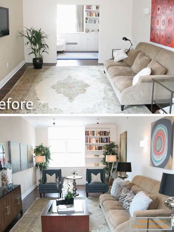 Foto de la sala de estar en una casa privada antes y después