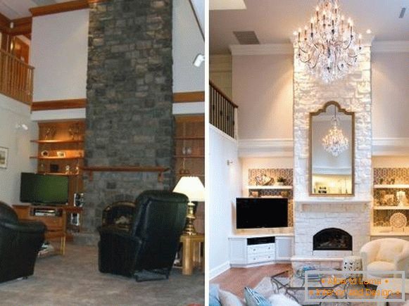 El diseño elegante de la sala de estar con techos altos antes y después