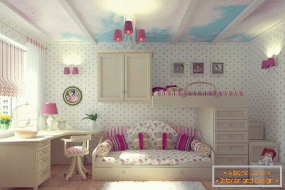 interior con papel tapiz blanco para una habitación infantil para niñas