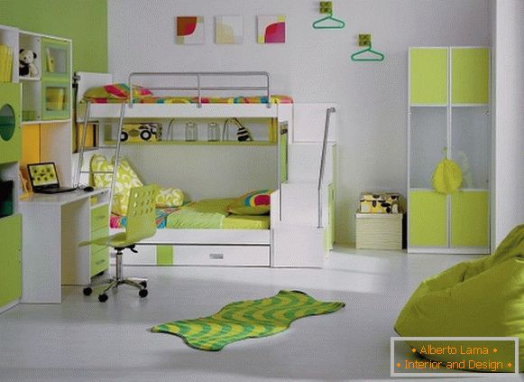 Diseño moderno del interior de un dormitorio infantil en un esquema de color verde claro