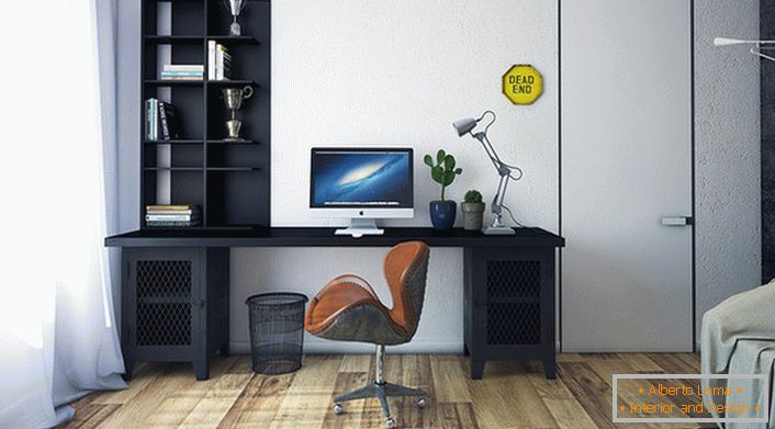 Para el estilo loft, los muebles se eligen correctamente. El conjunto oscuro contrasta con un acabado claro y un suelo marrón claro. 