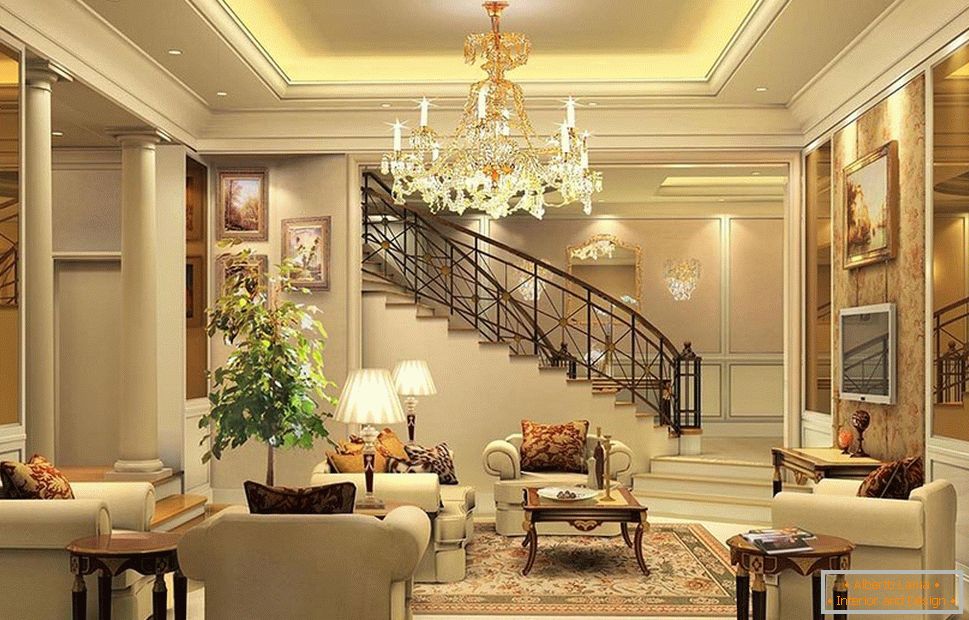 Sala de estar en estilo clásico con escaleras