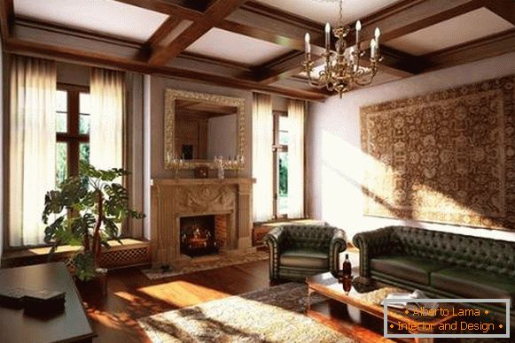 Interior de la sala de estar con chimenea en una casa privada - estilo clásico
