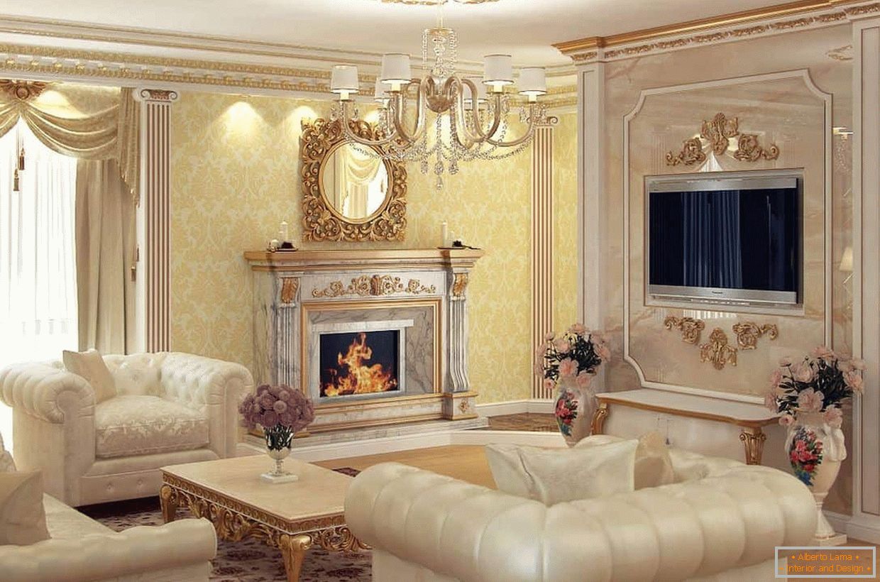 Chimenea en el diseño de la sala de estar en un estilo clásico