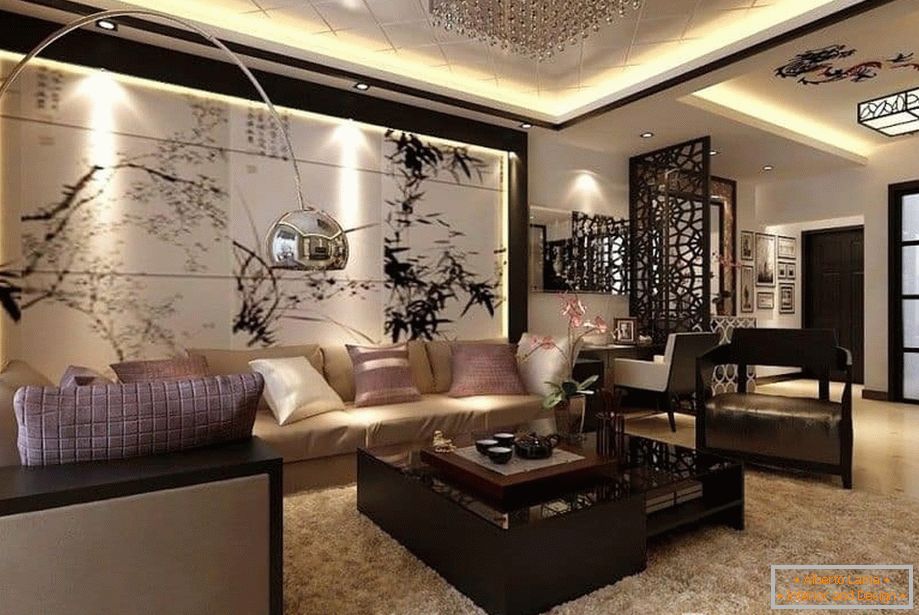 Sala de estar en un estilo clásico moderno с ковром на полу и панно на стене