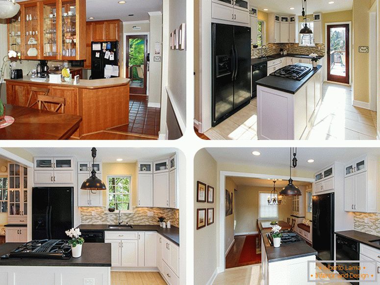 Interior de una pequeña cocina antes y después de la reurbanización