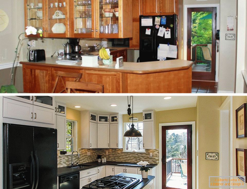Interior de una pequeña cocina antes y después de la reparación