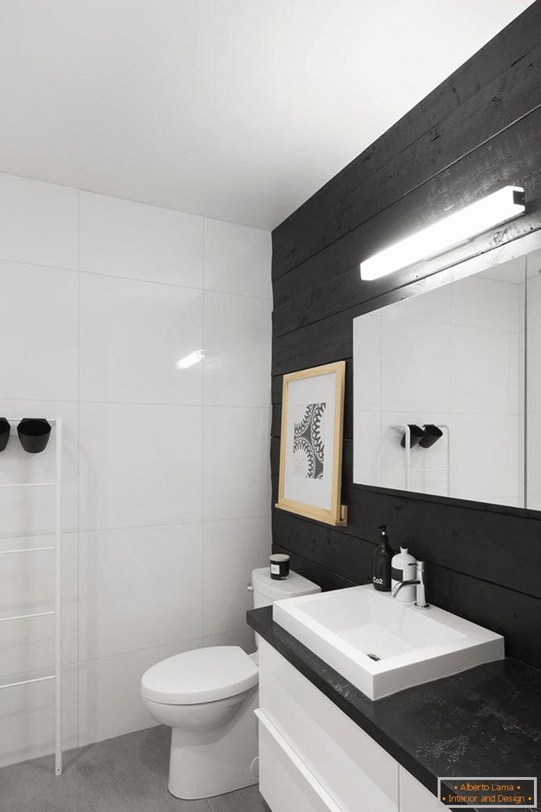 Interior de un pequeño baño en blanco y negro