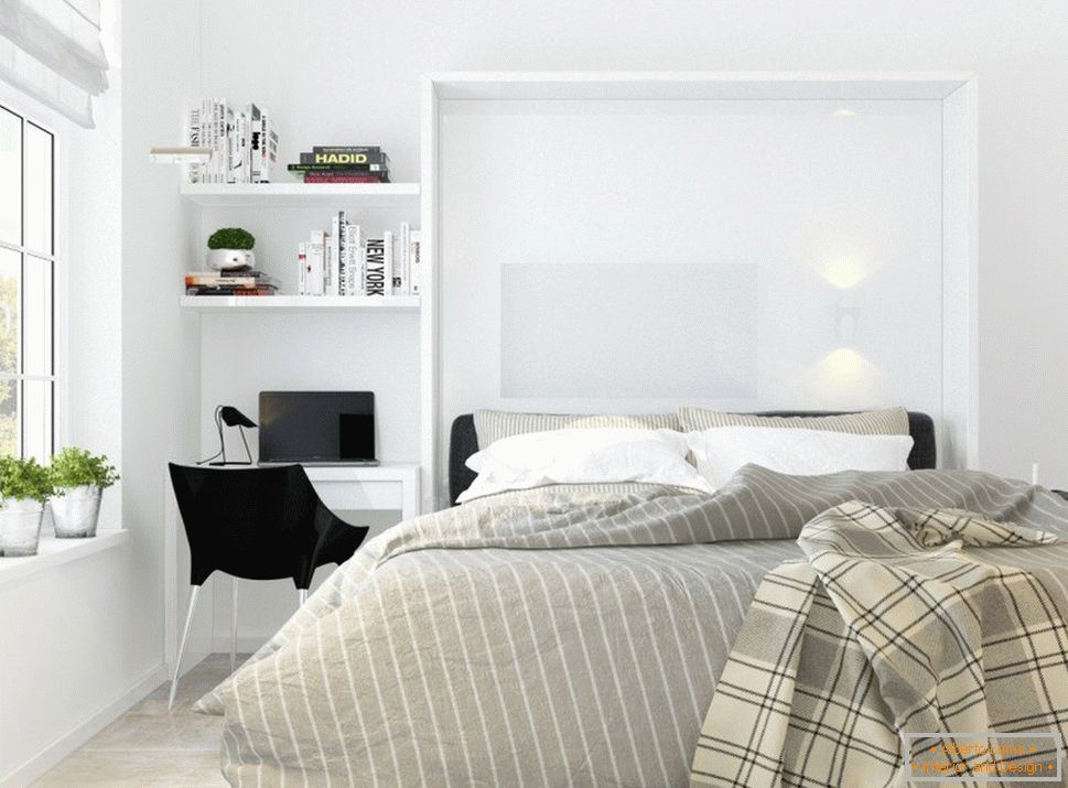 Dormitorio en el estilo del minimalismo blanco
