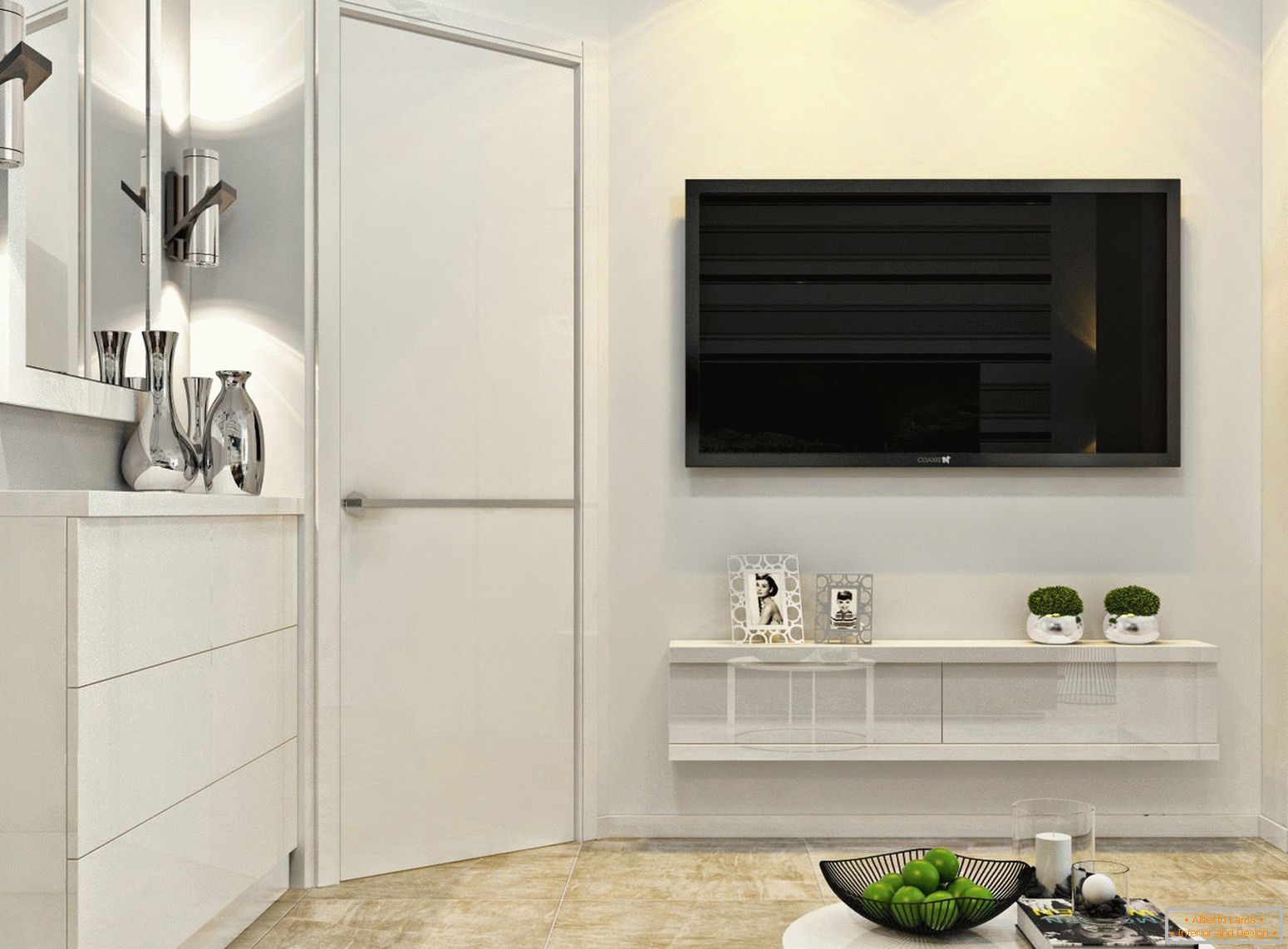 TV en la pared en el interior del minimalismo blanco