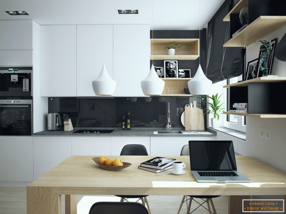 Interior de un pequeño departamento en colores contrastantes - кухня