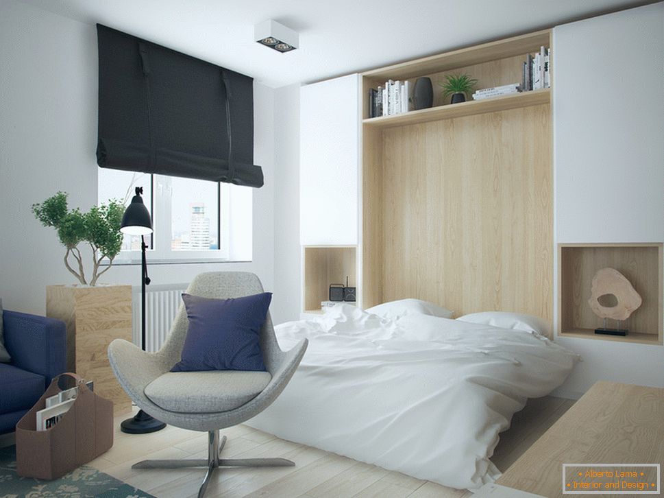 Interior de un pequeño departamento en colores contrastantes - спальня