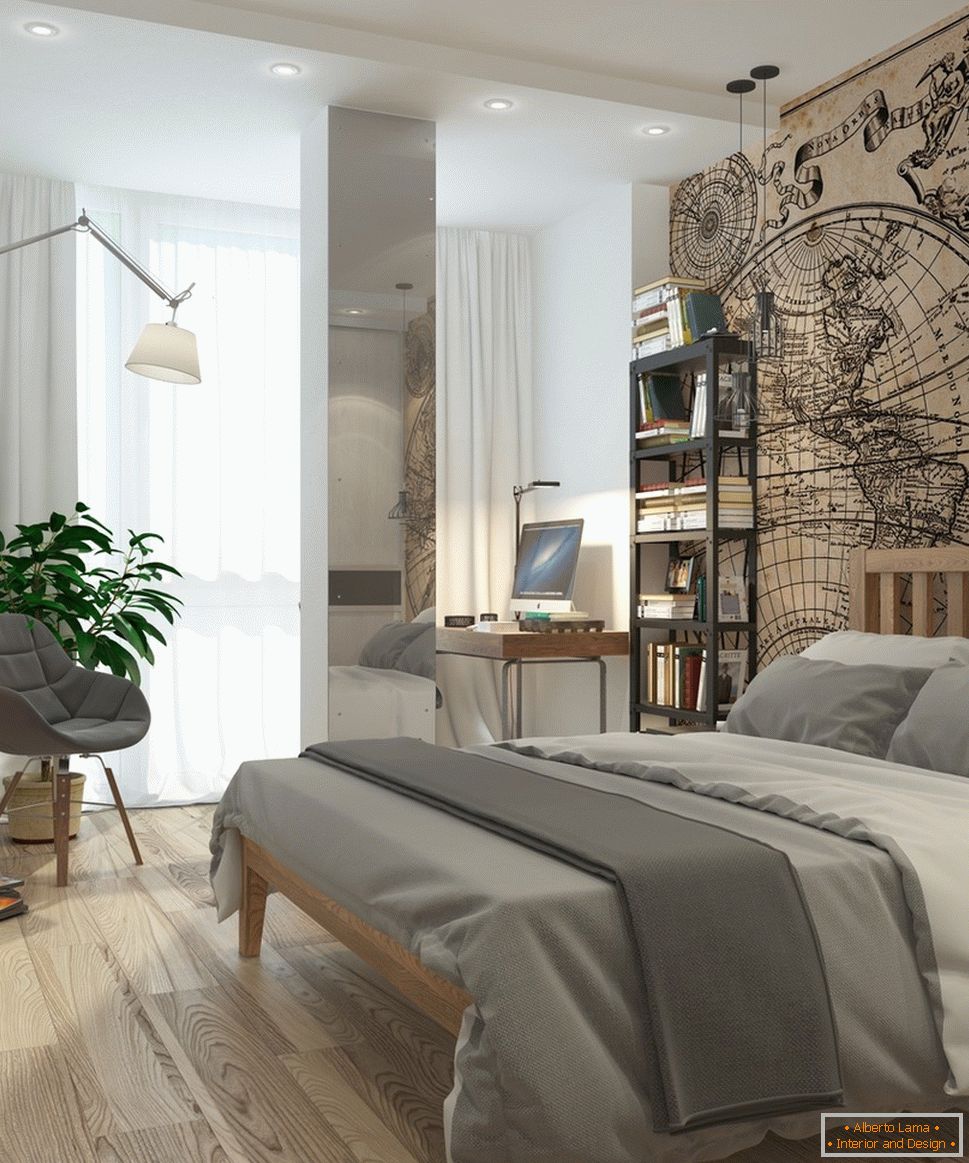 Interior de un pequeño apartamento en tonos grises - спальня