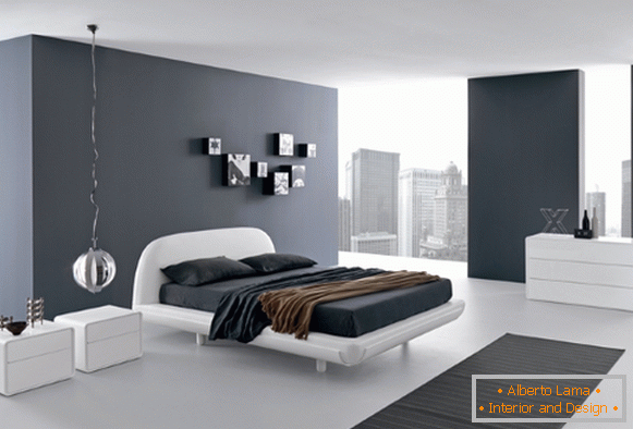 Dormitorio blanco y negro en estilo de alta tecnología