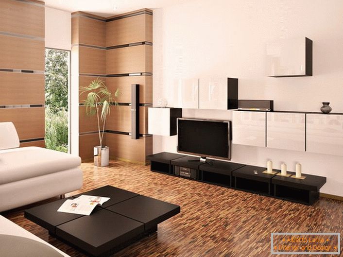 Elegante habitación moderna en color blanco y beige claro decorada con muebles de madera oscura.
