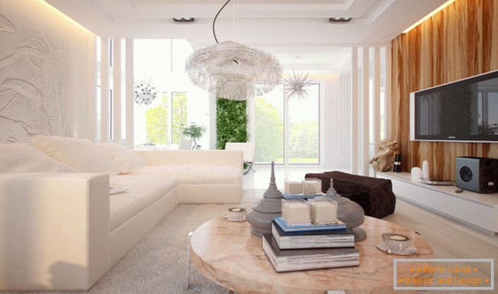 Interior de la sala de estar en un estilo moderno de alta tecnología. Un mínimo de decoración abigarrada, tecnología moderna y diseño de decoración futurista. 
