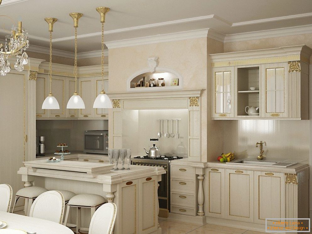 Cocina blanca con decoración dorada de la fachada