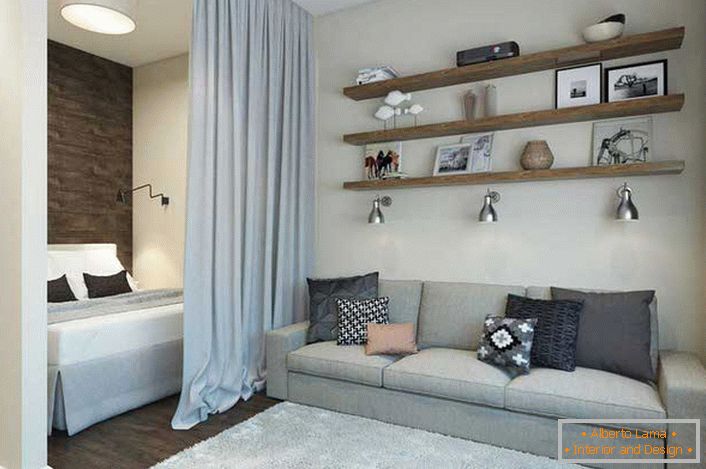 El diseño de un estudio de 40 metros cuadrados divide el espacio en una sala de estar y un dormitorio. El lugar para el descanso está cubierto con una pesada y pesada cortina. 