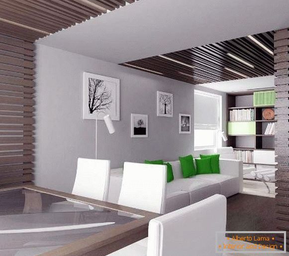 Interior de una pequeña sala en una casa privada en un estilo minimalista moderno