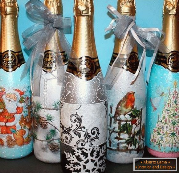 Decoupage y decoración de una botella de champagne para el Año Nuevo