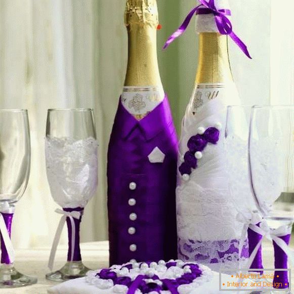 Decoración de botellas de champán para la boda - la novia y el novio