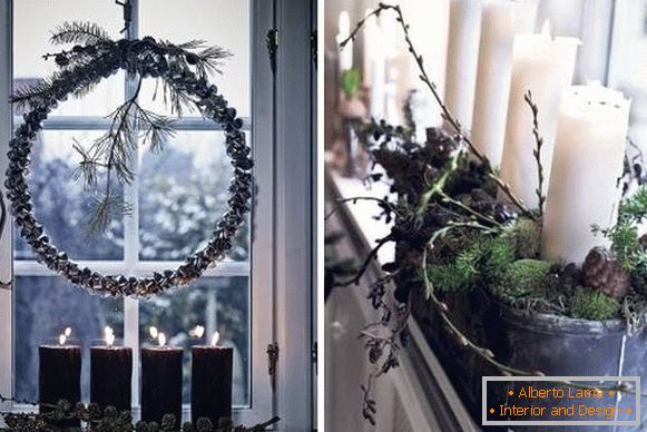 Decoración navideña de ventanas - foto con materiales naturales