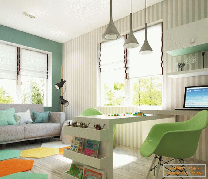 Brillante habitación para niños con un sofá gris