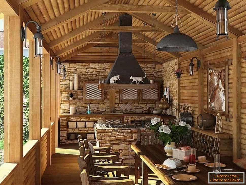 terraza con cocina de verano en estilo rústico