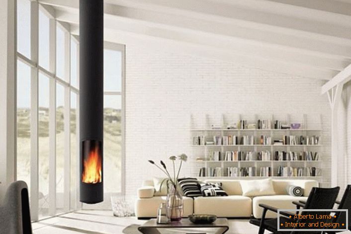 El diseño estricto y lacónico de la chimenea suspendida lo hace universal. El diseño es ideal para crear un interior en el estilo de la alta tecnología o el minimalismo.