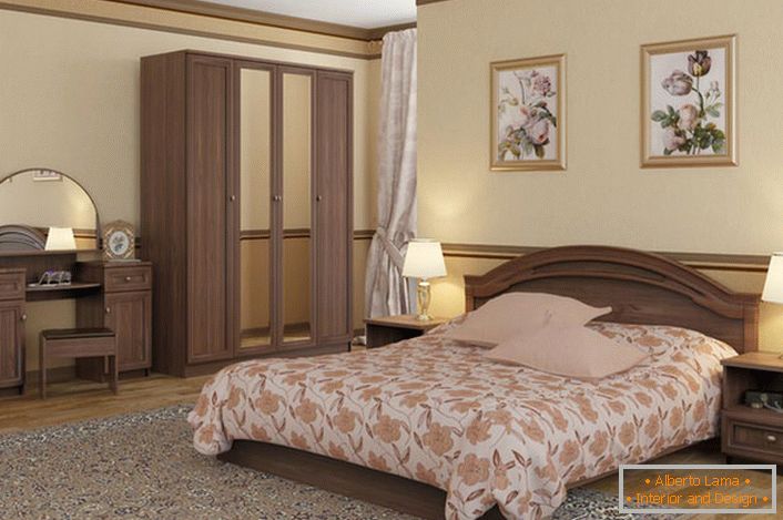El insuperable interior del dormitorio en el estilo Art Nouveau se enfatiza con muebles modulares seleccionados adecuadamente.